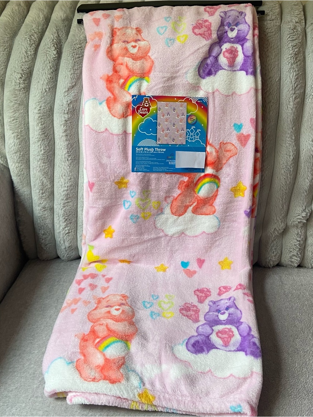 Care Bears Blanket- Pink with Rainbow, Clouds and Hearts